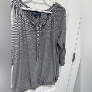 Jones New York Blue & White Striped Top, Buttoned & Tie Neck, Elastic hem,Size L